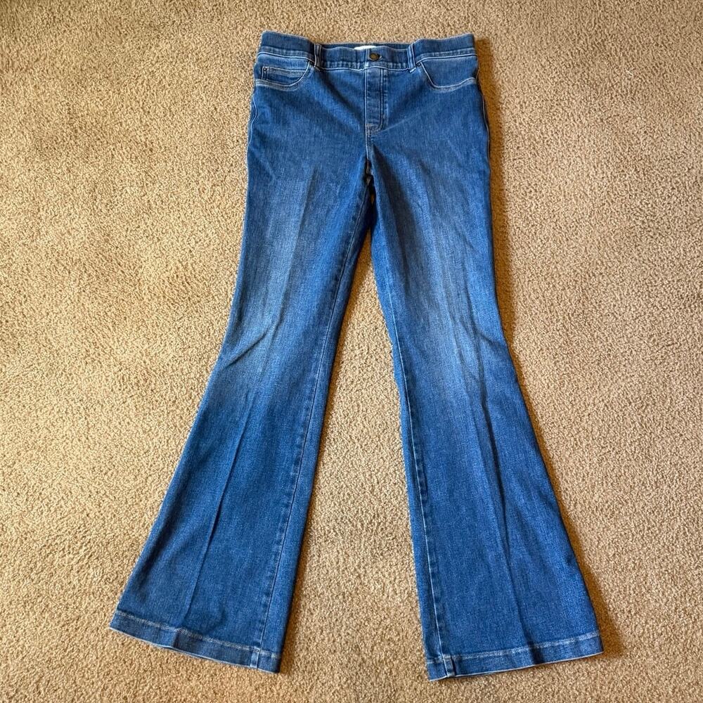 SPANX Blue Pull On Flare Jeans Size Large L High Rise Stretch Denim
